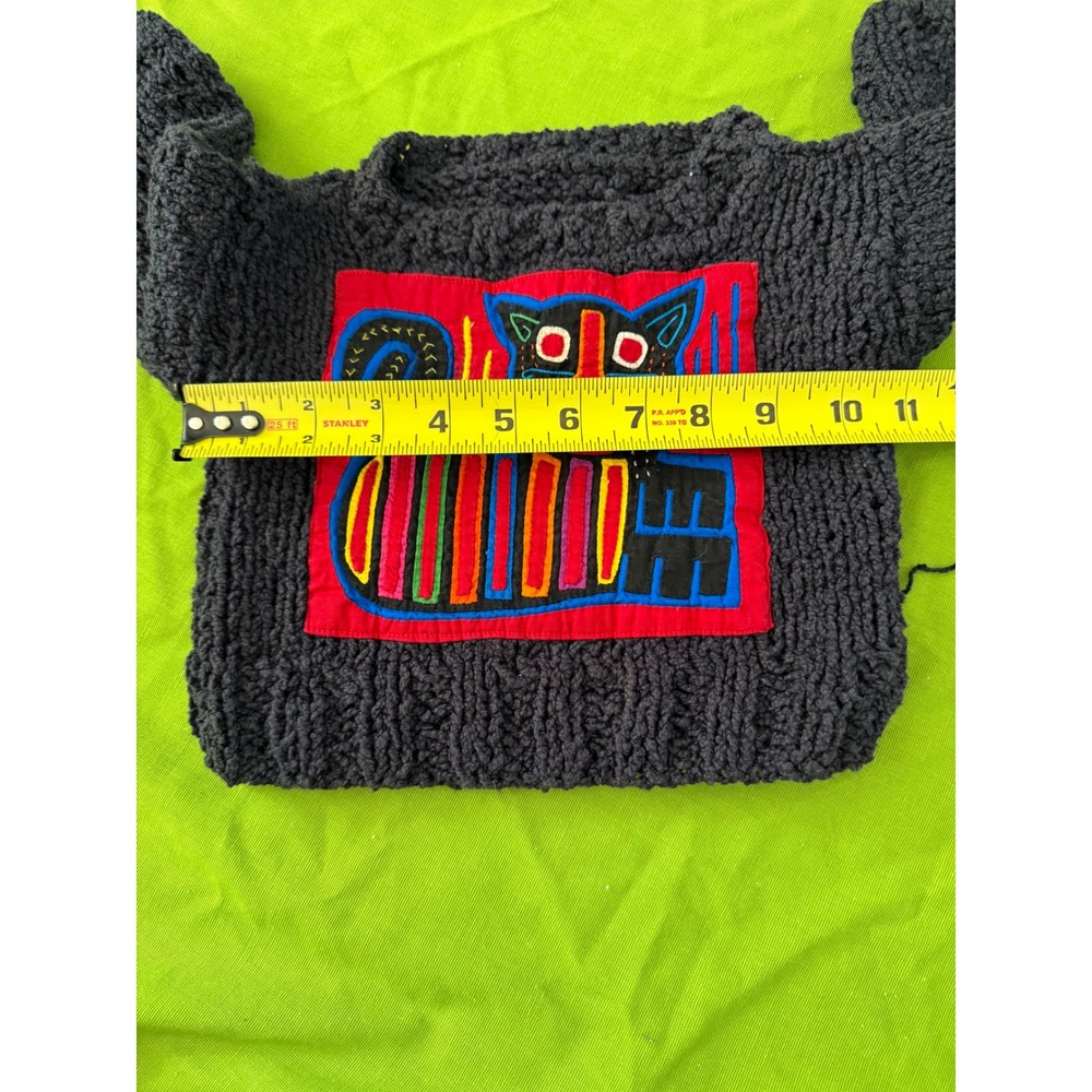 Vintage Handmade Mola‎ Cat Patch Chunky Knit Sweater Black Toddler Kids Artisan - Picture 7 of 8